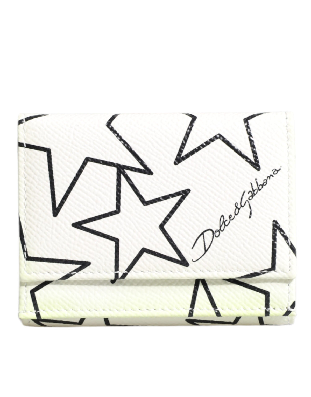 Dolce & Gabbana White Leather Trifold DG Star Print Card Holder Wallet