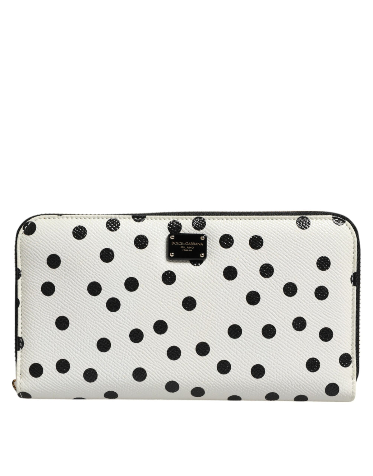 Dolce & Gabbana White Black Dotted Leather Zip Around Continental Wallet